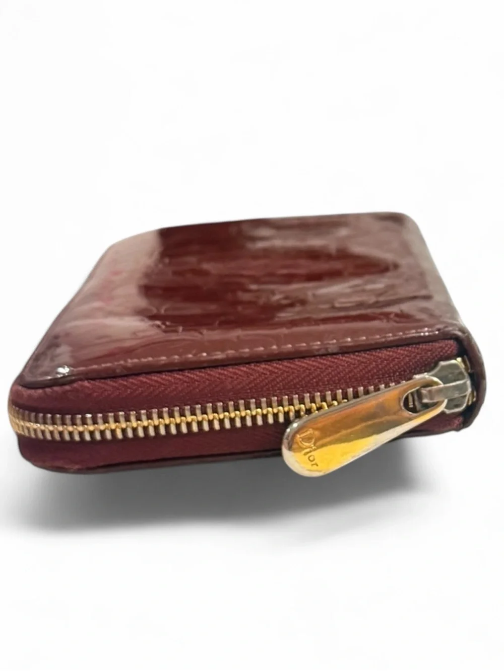 Christian Dior Vintage Trotter Print Patent Leather Long Zip Wallet | Burgundy